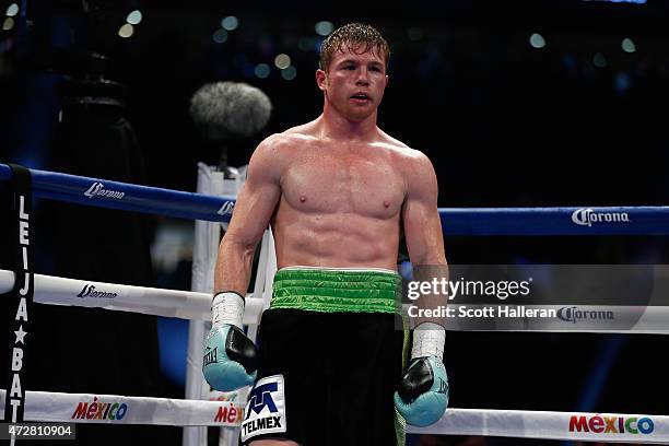 Canelo Alvarez of Mexico waits in his corner after knocking James Kirkland down in the third round during their super welterweight bout at Minute...