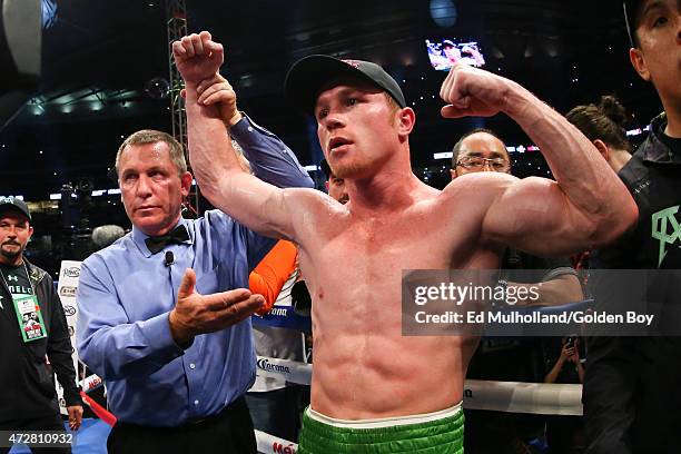 Saul "Canelo" Alvarez celebrates his 3rd round knockout win over James Kirkland at Minute Maid Park on May 9, 2015 in Houston, Texas.