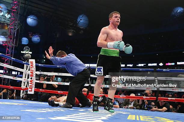 Saul "Canelo" Alvarez knocks out James Kirkland in the 3rd round of their 12 round super welterweight fight at Minute Maid Park on May 9, 2015 in...