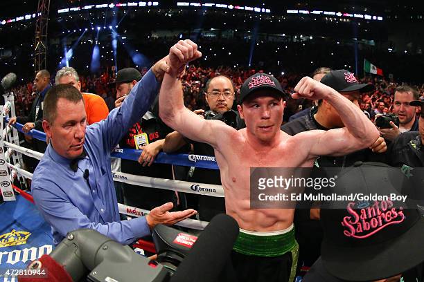 Saul "Canelo" Alvarez celebrates his 3rd round knockout win over James Kirkland at Minute Maid Park on May 9, 2015 in Houston, Texas.