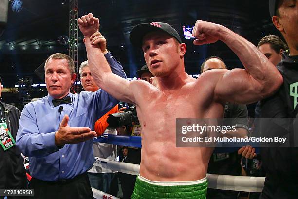 Saul "Canelo" Alvarez celebrates his 3rd round knockout win over James Kirkland at Minute Maid Park on May 9, 2015 in Houston, Texas.