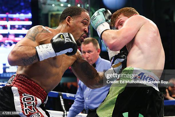 Saul "Canelo" Alvarez and James Kirkland during their 12 round super welterweight fight at Minute Maid Park on May 9, 2015 in Houston, Texas.