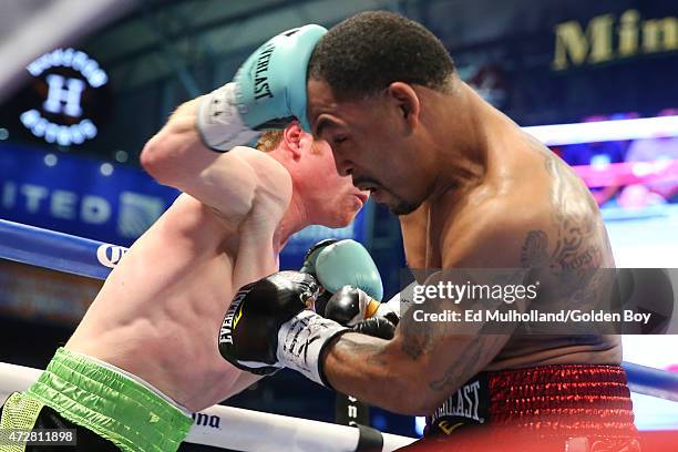 Saul "Canelo" Alvarez and James Kirkland during their 12 round super welterweight fight at Minute Maid Park on May 9, 2015 in Houston, Texas.