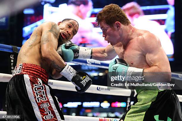 Saul "Canelo" Alvarez and James Kirkland during their 12 round super welterweight fight at Minute Maid Park on May 9, 2015 in Houston, Texas.