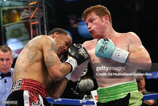 Saul "Canelo" Alvarez and James Kirkland during their 12 round super welterweight fight at Minute Maid Park on May 9, 2015 in Houston, Texas.