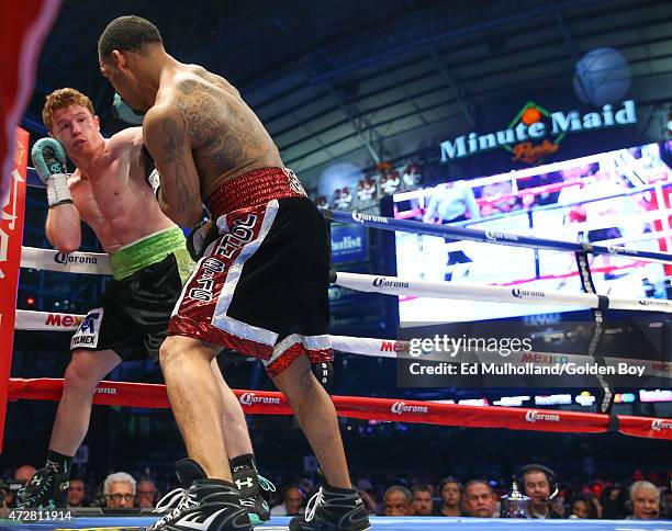 Saul "Canelo" Alvarez and James Kirkland during their 12 round super welterweight fight at Minute Maid Park on May 9, 2015 in Houston, Texas.