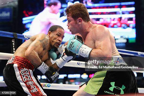 Saul "Canelo" Alvarez and James Kirkland during their 12 round super welterweight fight at Minute Maid Park on May 9, 2015 in Houston, Texas.