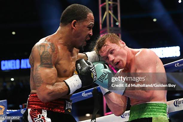 Saul "Canelo" Alvarez and James Kirkland during their 12 round super welterweight fight at Minute Maid Park on May 9, 2015 in Houston, Texas.