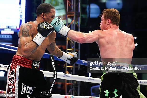 Saul "Canelo" Alvarez and James Kirkland during their 12 round super welterweight fight at Minute Maid Park on May 9, 2015 in Houston, Texas.