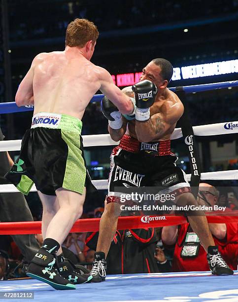 Saul "Canelo" Alvarez and James Kirkland during their 12 round super welterweight fight at Minute Maid Park on May 9, 2015 in Houston, Texas.