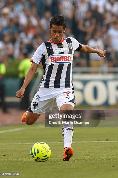 Severo Meza of Monterrey kicks the ball during a match between Monterrey and Pumas UNAM as part of 17th round of Clausura 2015 Liga MX at Tecnologico...