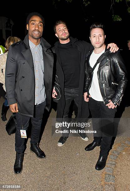 May 09: Simon Webbe, Duncan James, Antony Costa, are seen leaving the V Day Concert on May 09, 2015 in London, England.