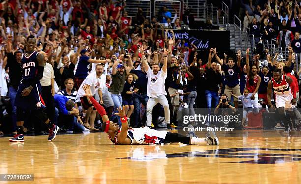 Paul Pierce of the Washington Wizards celebrates after hitting the game winning shot to give the Wizards a 103-101 win over the Atlanta Hawks during...