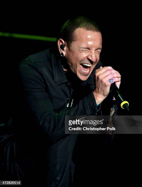 Singer Chester Bennington of Linkin Park performs onstage during Rock in Rio USA at the MGM Resorts Festival Grounds on May 9, 2015 in Las Vegas,...