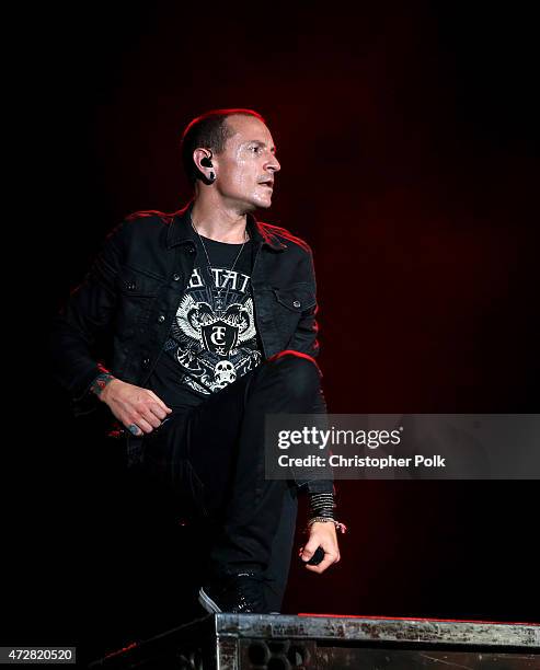 Singer Chester Bennington of Linkin Park performs onstage during Rock in Rio USA at the MGM Resorts Festival Grounds on May 9, 2015 in Las Vegas,...