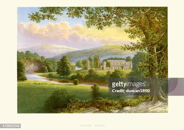 bolton abbey, yorkshire, england - monastery stock illustrations