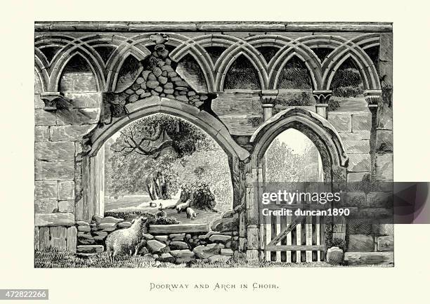 bolton abbey, yorkshire, england - doorway and arch choir - priory park stock illustrations