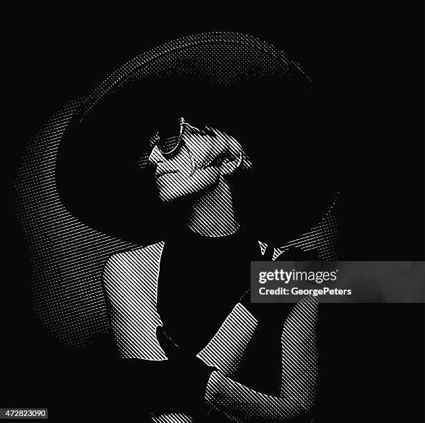 elegante vintage-diva tragen großen hut - woman portrait film noir stock-grafiken, -clipart, -cartoons und -symbole