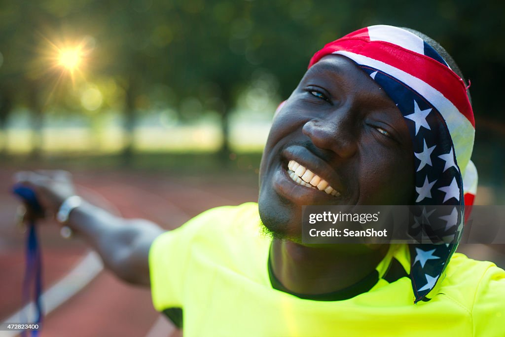 Black Smiling Man with American Flag