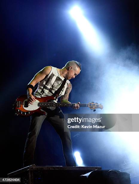 Musician Dave Farrell of Linkin Park performs onstage during Rock In Rio USA at the MGM Resorts Festival Grounds on May 9, 2015 in Las Vegas, Nevada.