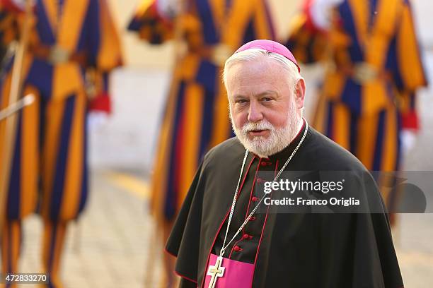 Vatican Secretary for Relations with States British Archbishop Paul Richard Gallagher arrives at the Paul VI Hall private studio as President of Cuba...