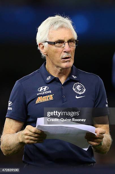 Mick Malthouse the coach of the Blues looks on during the round six AFL match between the Carlton Blues and the Brisbane Lions at Etihad Stadium on...