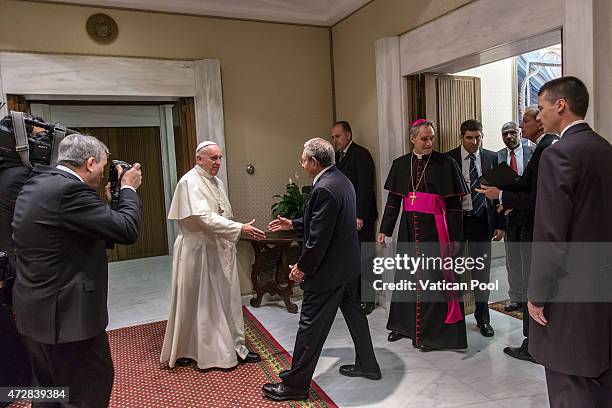 President of Cuba Raul Castro and Pope Francis meet at the Paul VI Hall private studio during a private audience on May 10, 2015 in Vatican City,...