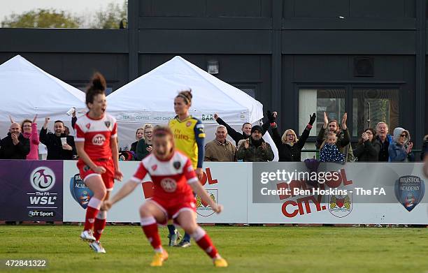 Bristol fans celebrate after Nicola Watts scores her team's first goal of the game during the WSL match between Bristol Academy Women and Arsenal...