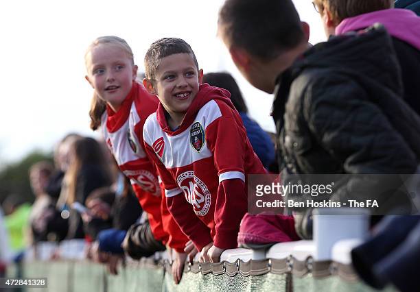 Young Bristol fans look on during the WSL match between Bristol Academy Women and Arsenal Ladies FC at Stoke Gifford Stadium on May 9, 2015 in...