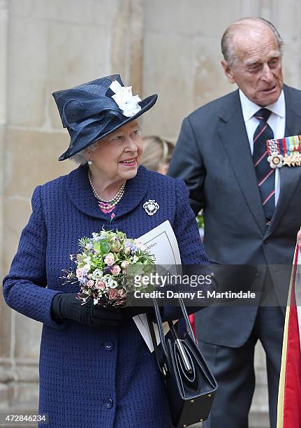 Queen Elizabeth II and Prince Philip, Duke of Edinburgh leaves the VE Day 70th Anniversary service at Westminster Abbey on May 10, 2015 in London,...