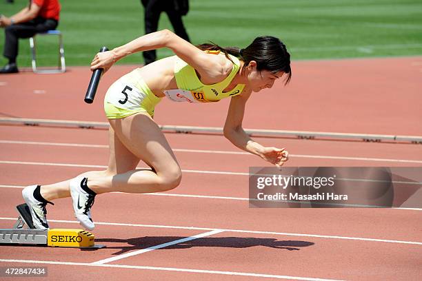Mayumi Watanabe competes in 4 x 100m relay during the Seiko Golden Grand Prix Tokyo 2015 at Todoroki Stadium on May 10, 2015 in Kawasaki, Japan.