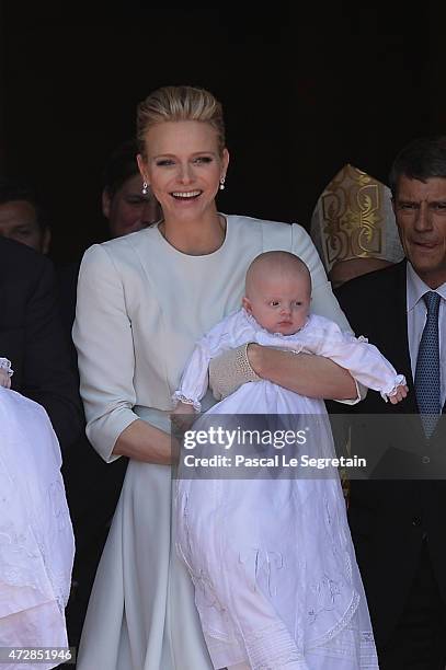 Princess Charlene of Monaco and Prince Jacques of Monaco attend The Baptism Of The Princely Children at The Monaco Cathedral on May 10, 2015 in...