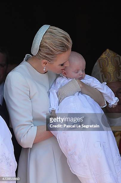 Princess Charlene of Monaco and Prince Jacques of Monaco attend The Baptism Of The Princely Children at The Monaco Cathedral on May 10, 2015 in...