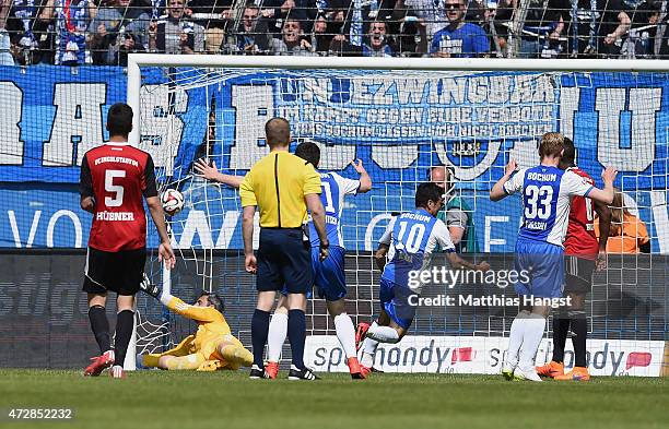 Yusuke Tasaka of Bochum celebrates with his team-mates after scoring his team's third goal during the Second Bundesliga match between VfL Bochum and...