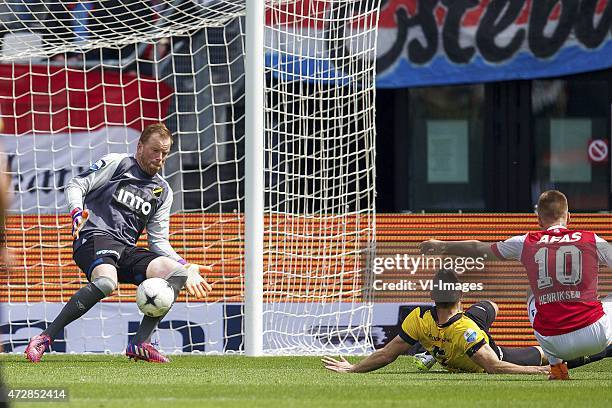 Goalkeeper Jelle ten Rouwelaar of NAC Breda, Remy Amieux of NAC Breda, Markus Henriksen of AZ during the Dutch Eredivisie match between AZ Alkmaar...