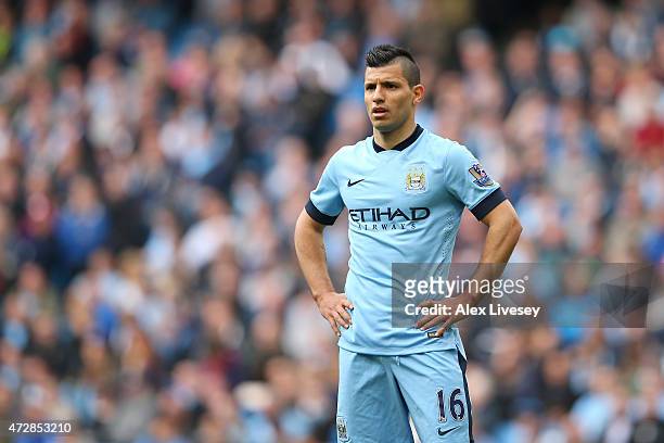 Sergio Aguero of Manchester City looks on during the Barclays Premier League match between Manchester City and Queens Park Rangers at the Etihad...
