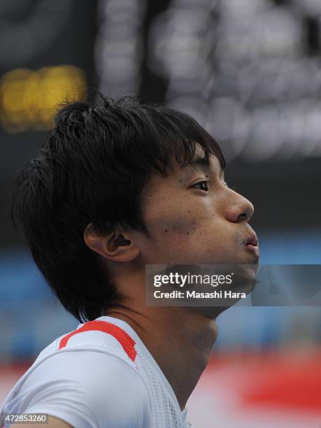 Kei Takase looks on after 100m during the Seiko Golden Grand Prix Tokyo 2015 at Todoroki Stadium on May 10, 2015 in Kawasaki, Japan.