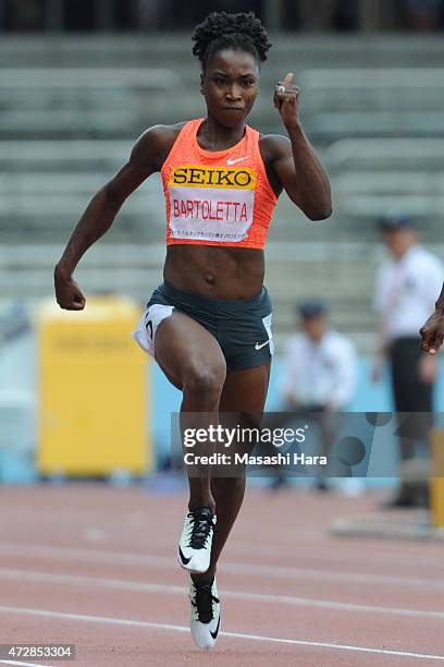 Tianna Bartoletta competes in 100m during the Seiko Golden Grand Prix Tokyo 2015 at Todoroki Stadium on May 10, 2015 in Kawasaki, Japan.