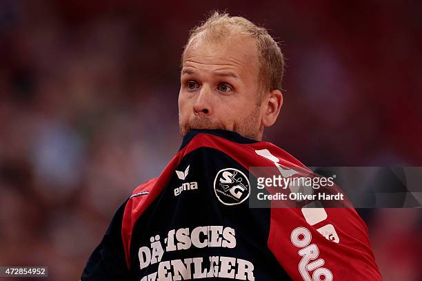Anders Eggert of Flensburg appears frustrated during the DHB Cup Final match between SG Flensburg-Handewitt and SC Magdeburg at O2 World on May 10,...