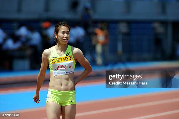 Chisato Fukushima looks on after 4 x 100m relay during the Seiko Golden Grand Prix Tokyo 2015 at Todoroki Stadium on May 10, 2015 in Kawasaki, Japan.