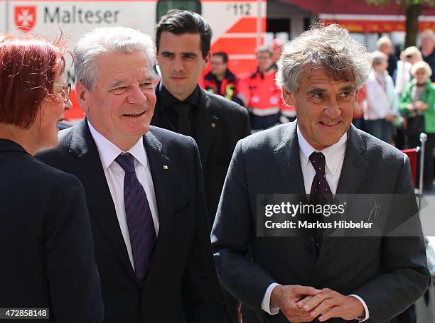 German President Joachim Gauck and Bernd Saxe, Mayor of Luebeck attends a memorial service for the deceased author Guenter Grass on May 10, 2015 in...