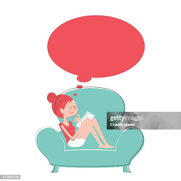 happy thoughtful woman using digital tablet sitting on the sofa - girl illustration stock illustrations