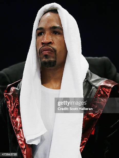 James Kirkland waits in the ring prior to his super welterweight bout with Canelo Alvarez at Minute Maid Park on May 9, 2015 in Houston, Texas.