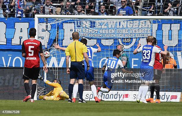 Yusuke Tasaka of Bochum celebrates with his team-mates after scoring his team's third goal during the Second Bundesliga match between VfL Bochum and...