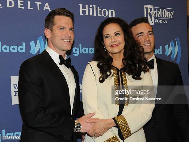 Thomas Roberts, Lynda Carter and Patrick Abner attend the 26th Annual GLAAD Media Awards at The Waldorf Astoria on May 9, 2015 in New York City.