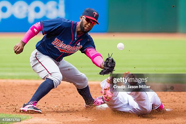 Shortstop Danny Santana of the Minnesota Twins drops the throw as Jason Kipnis of the Cleveland Indians steals second during the second inning at...