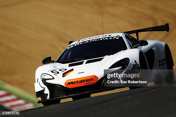 The Attempto Racing McLaren of Kevin Estre and Rob Bell drives in the Main Race during the Blancpain GT Sprint Series event at Brands Hatch on May...