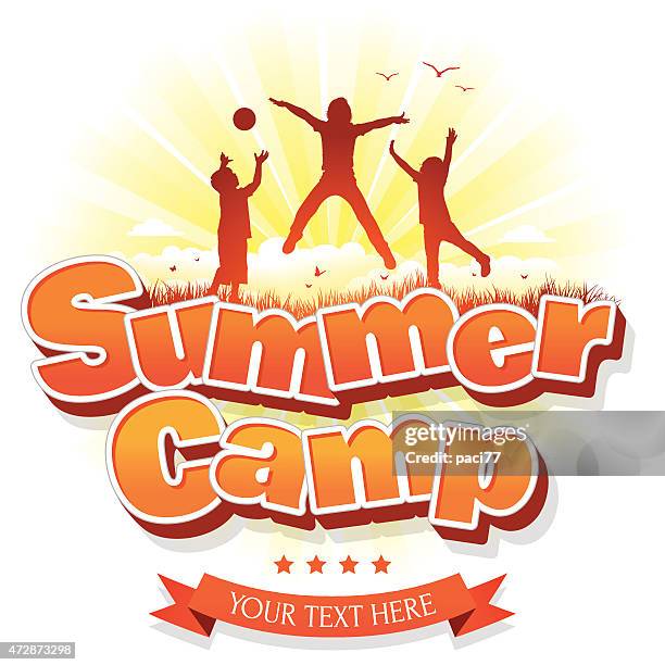 summer camp with happy group of children or kids jumping - summer camp stock illustrations