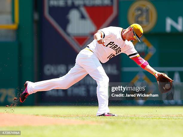 Jordy Mercer of the Pittsburgh Pirates attempts to flip the ball to first base in the second inning against the St Louis Cardinals during the game at...