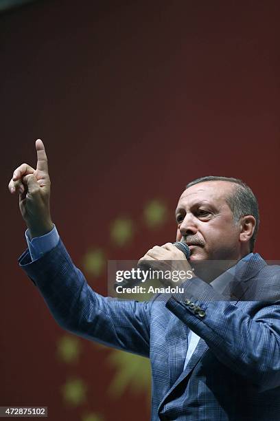 Turkeys President Recep Tayyip Erdogan gives a speech during an event organized by Turkish youth organizations at Ethias Arena in Hasselt, Belgium on...